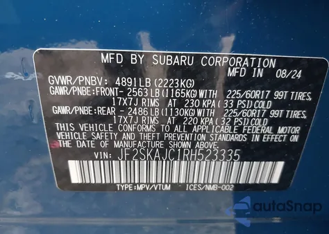 2024 Subaru Forester Wilderness из США, поврежденный, VIN JF2SKAJC1RH523335